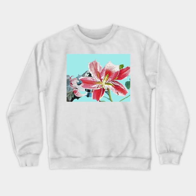 Mint Green Red Oriental Lily Floral Watercolor Painting Crewneck Sweatshirt by SarahRajkotwala